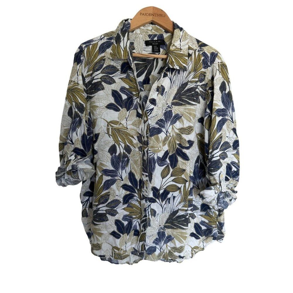 Tahari Women's Plus 2X 100% Linen Button Down Botanical Blouse Top